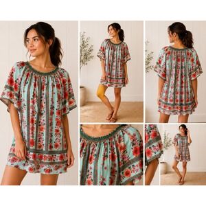 Umgee USA Turquoise Floral Smocked Flutter Sleeve Boho Shift Dress Tunic Small